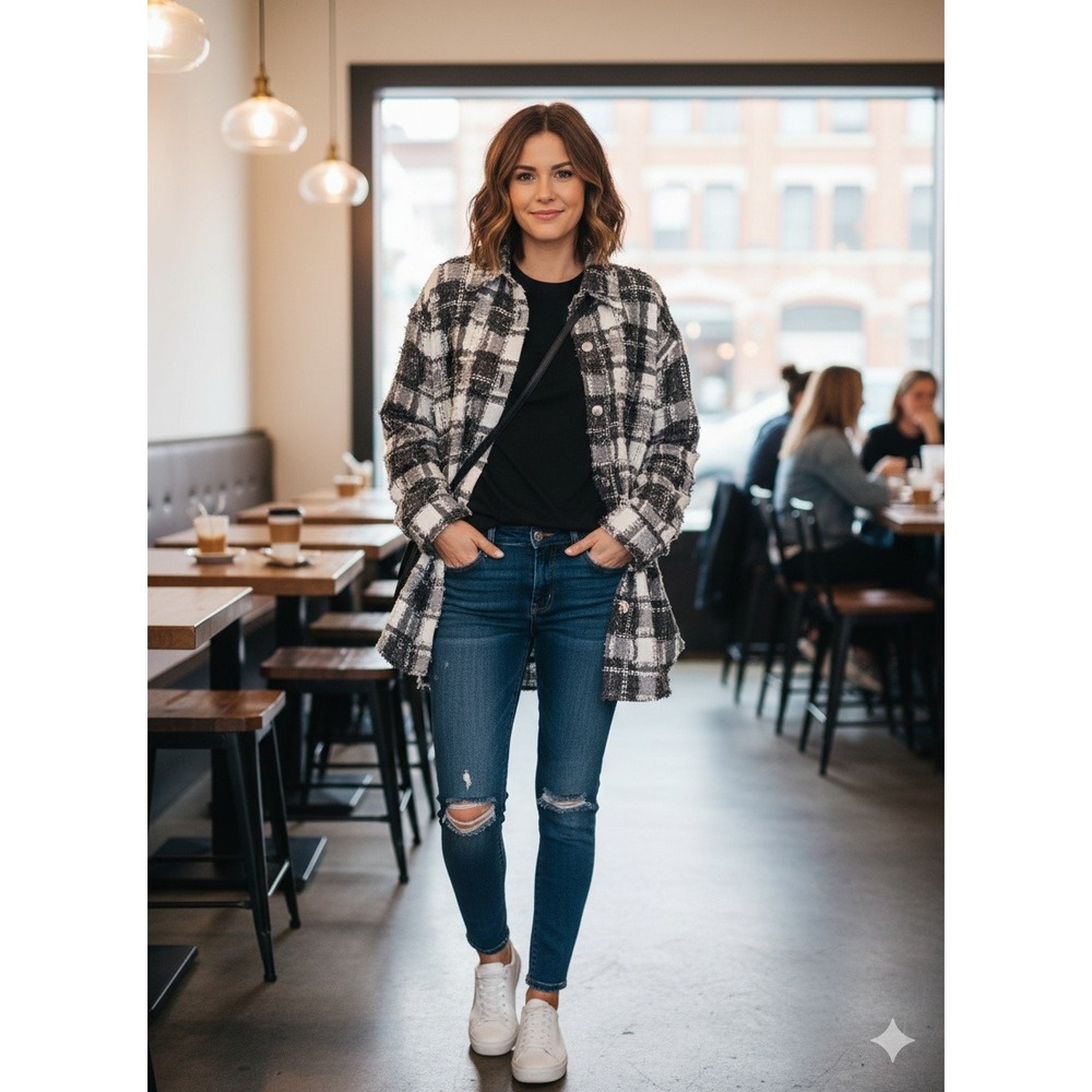 Swank A Posh Plaid Tweed Fringe Jacket Button Down‎ Oversized Black White